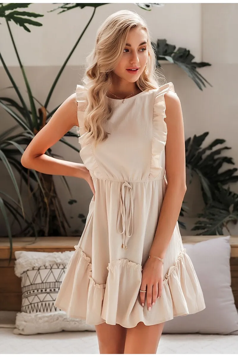 Sleeveless Ruffled High Waist Belt O-neck A-line Summer Cotton Solid Office Mini Dress