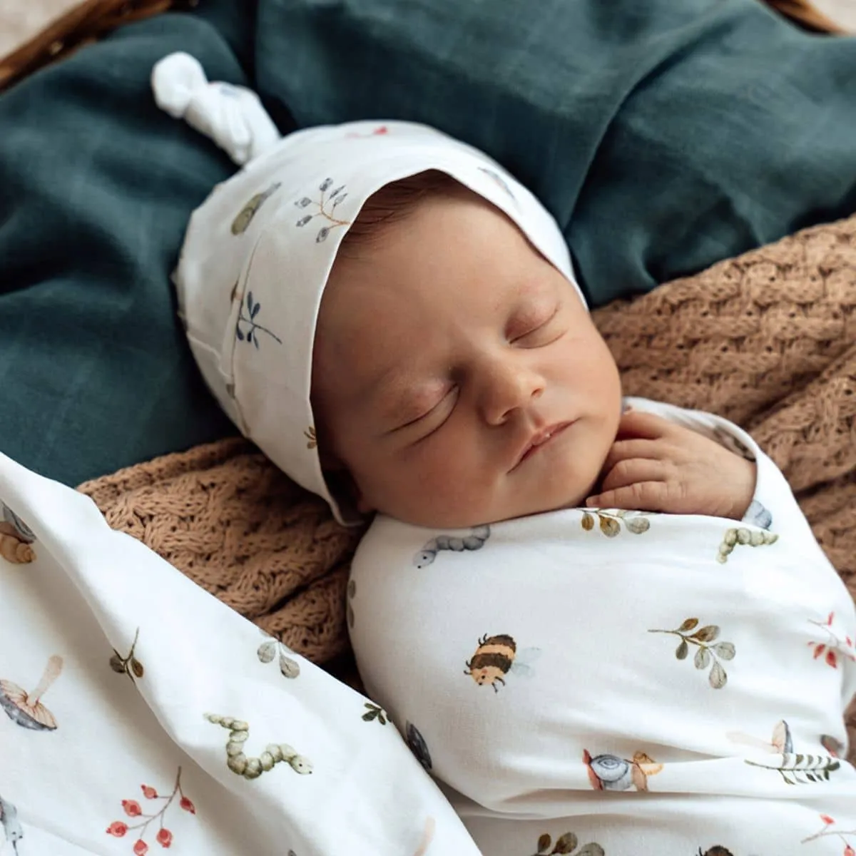 Snuggle Hunny Jersey Wrap with Matching Headwear - Garden Friends Organic