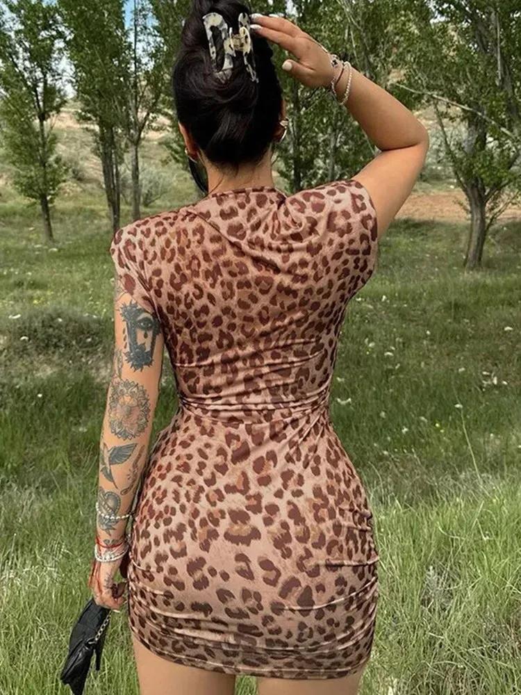 TAVIMART  -  Bodycon Dress for Women Korean Fashion French Style Streetwear Dress Slim Folds Leopard Print 2024 New Spring Summer Dress