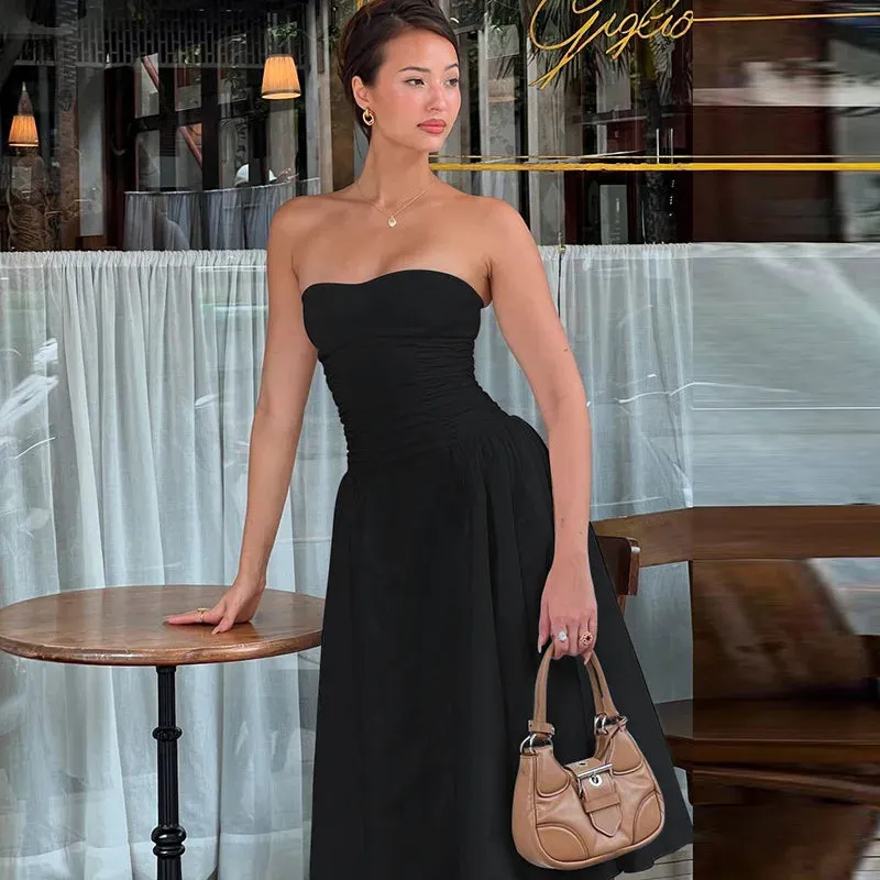 TAVIMART  -  Elegant Strapless Long Dress Women's Bodycon High Waisted Streetwear Sleeveless Dress Backless Autumn New Folds Dresses