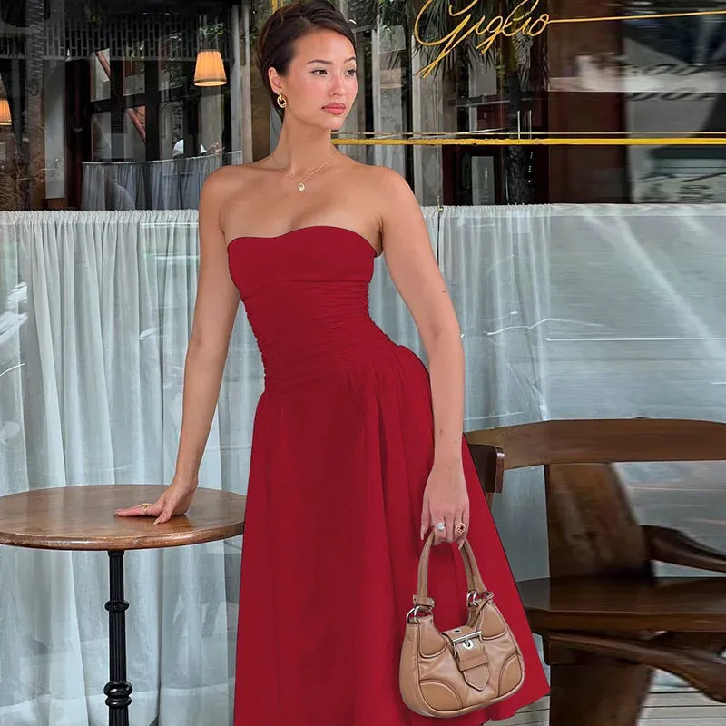 TAVIMART  -  Elegant Strapless Long Dress Women's Bodycon High Waisted Streetwear Sleeveless Dress Backless Autumn New Folds Dresses