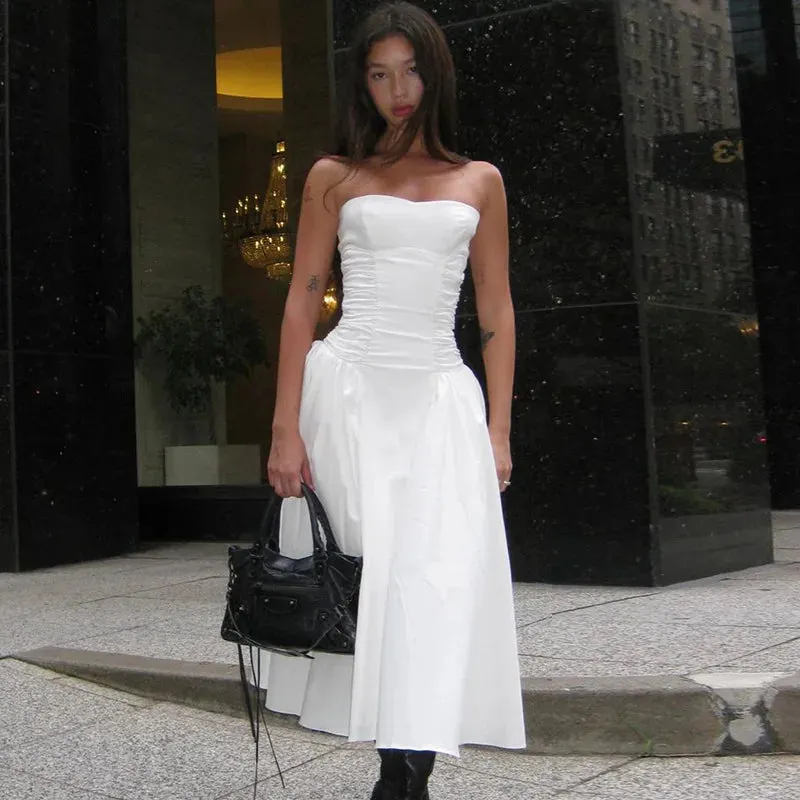 TAVIMART  -  Elegant Strapless Long Dress Women's Bodycon High Waisted Streetwear Sleeveless Dress Backless Autumn New Folds Dresses