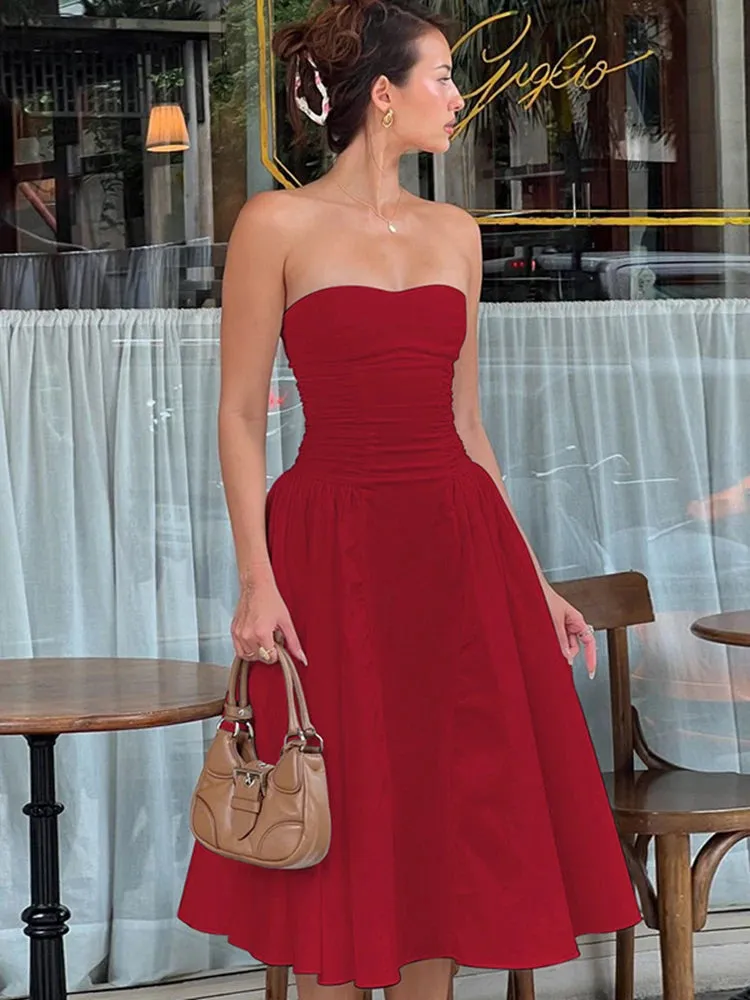 TAVIMART  -  Elegant Strapless Long Dress Women's Bodycon High Waisted Streetwear Sleeveless Dress Backless Autumn New Folds Dresses