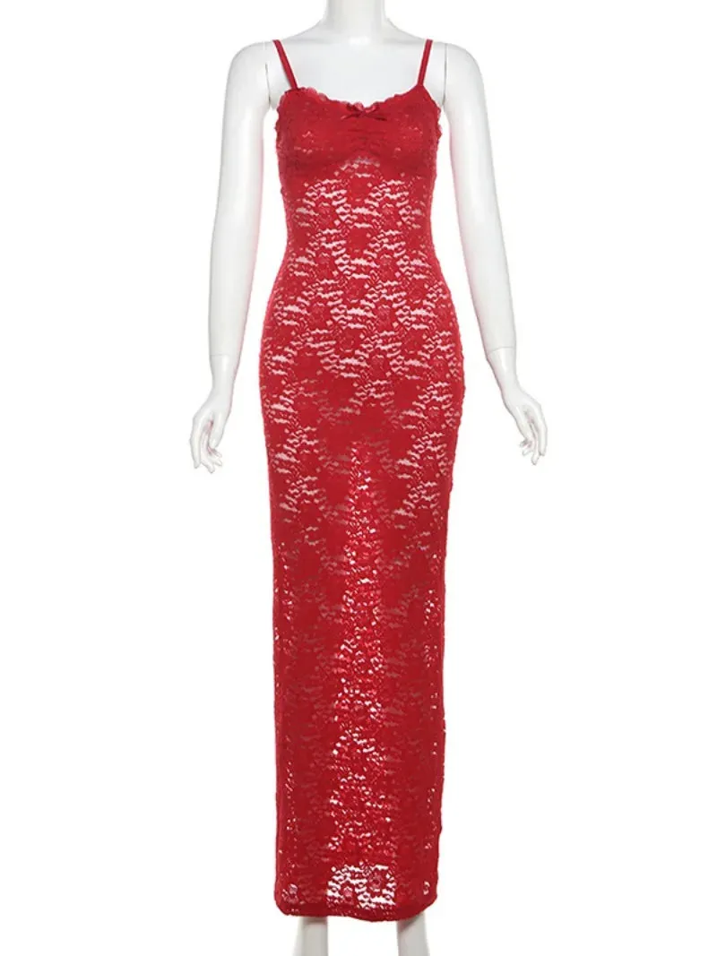 TAVIMART  -  Woman Elegant Bowknot Red Lace Dress Streetwear Sexy Spaghetti Strap Backless Bodycon See-through Long Party Vacation Dresses