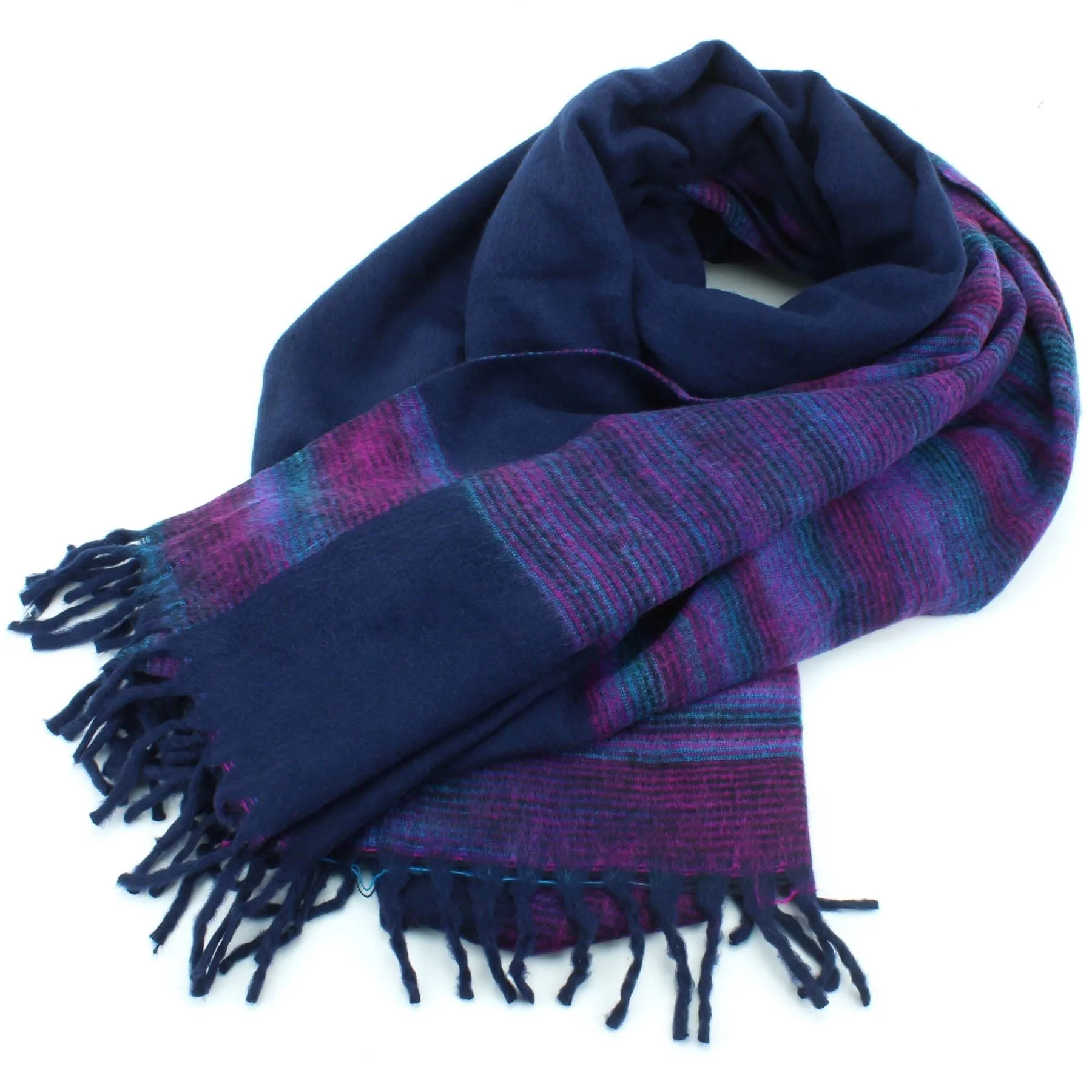 Tibetan Wool Blend Shawl Blanket - Navy with Purple Reverse