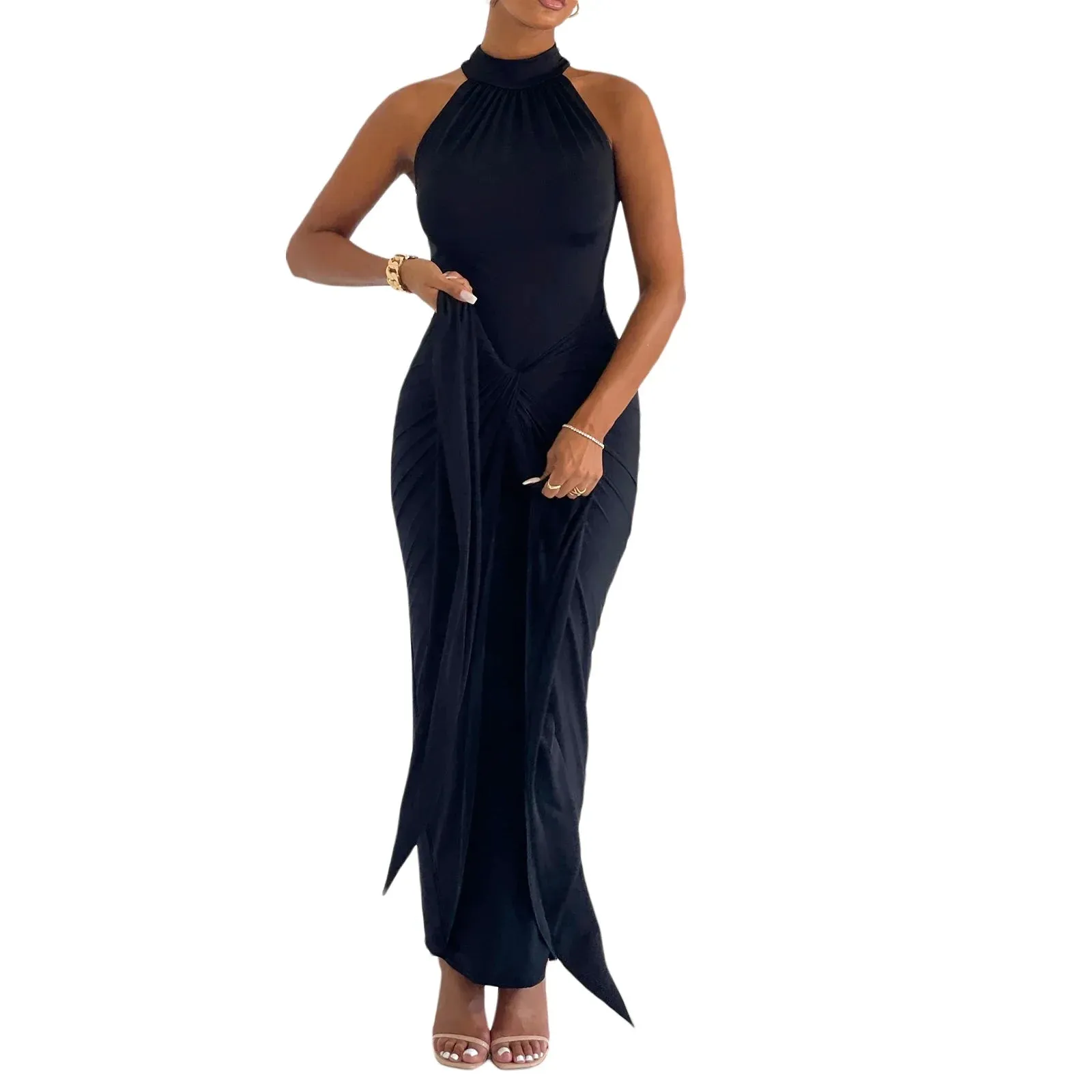 Twist Front Solid Color Mock Neck Sleeveless Bodycon Long Evening Gown Aesthetic Streetwear Summer Y2k Dress