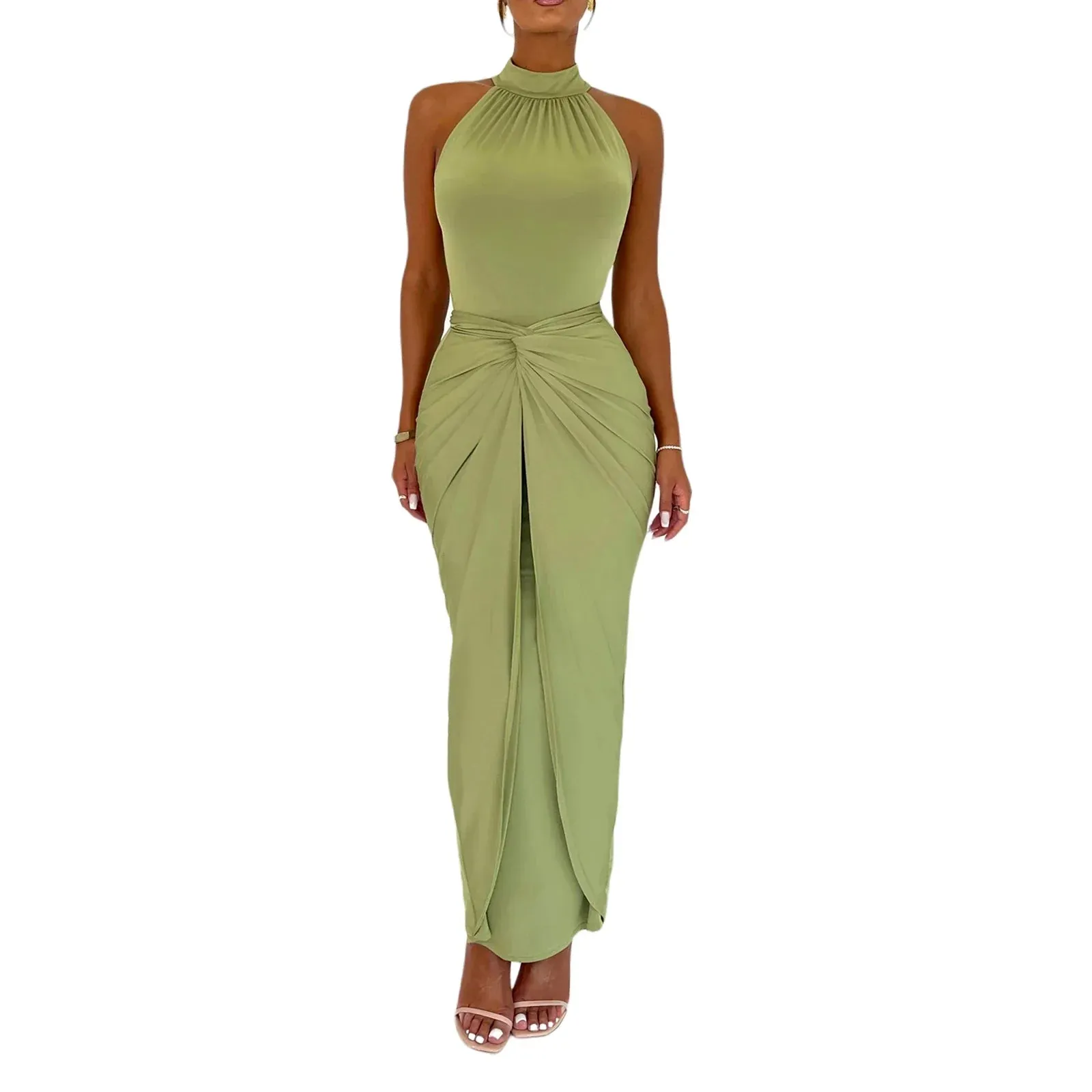 Twist Front Solid Color Mock Neck Sleeveless Bodycon Long Evening Gown Aesthetic Streetwear Summer Y2k Dress
