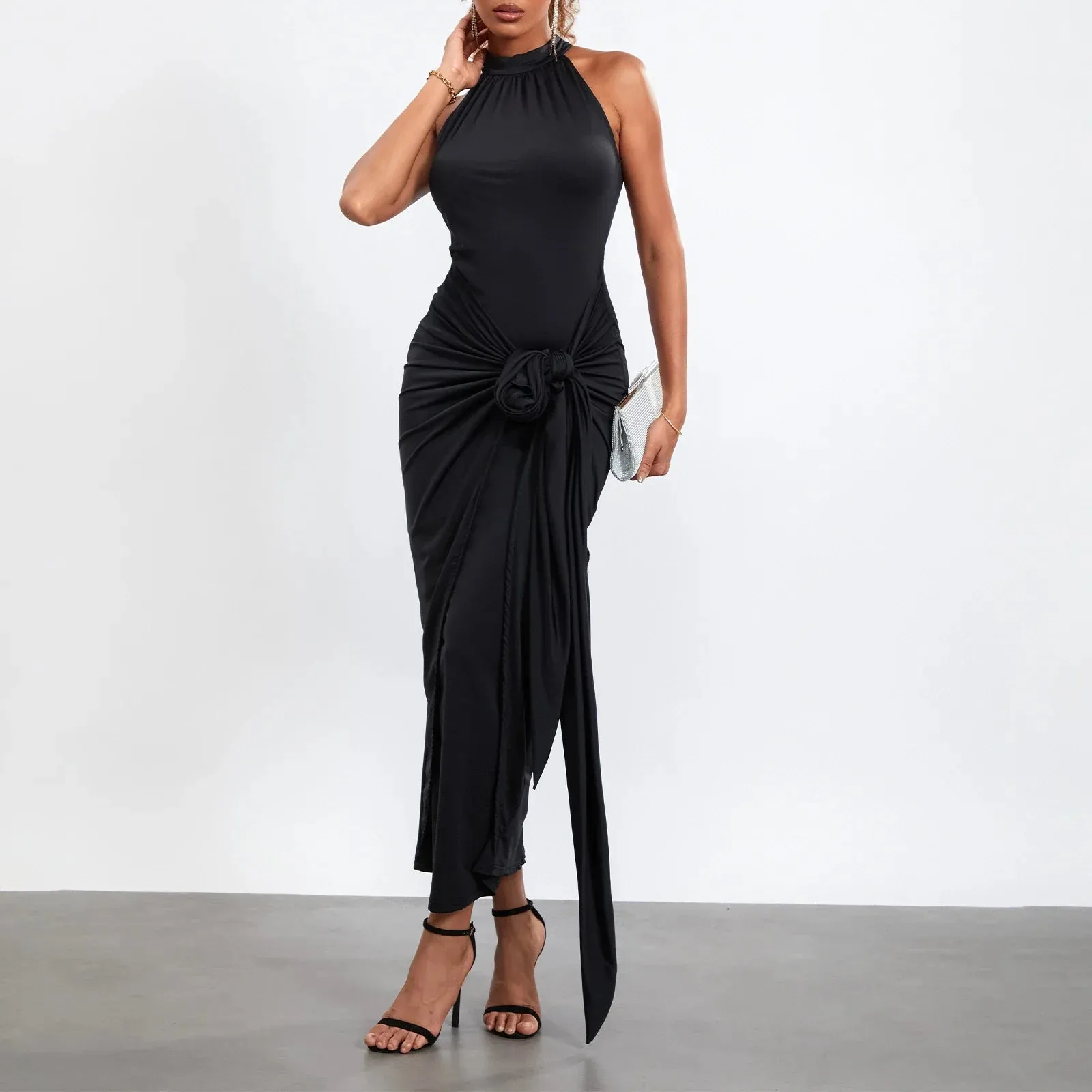 Twist Front Solid Color Mock Neck Sleeveless Bodycon Long Evening Gown Aesthetic Streetwear Summer Y2k Dress