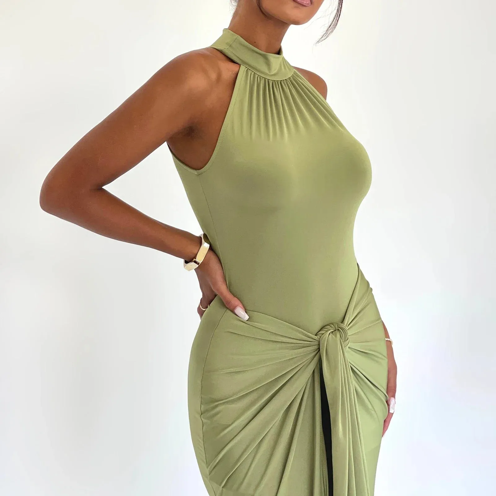 Twist Front Solid Color Mock Neck Sleeveless Bodycon Long Evening Gown Aesthetic Streetwear Summer Y2k Dress