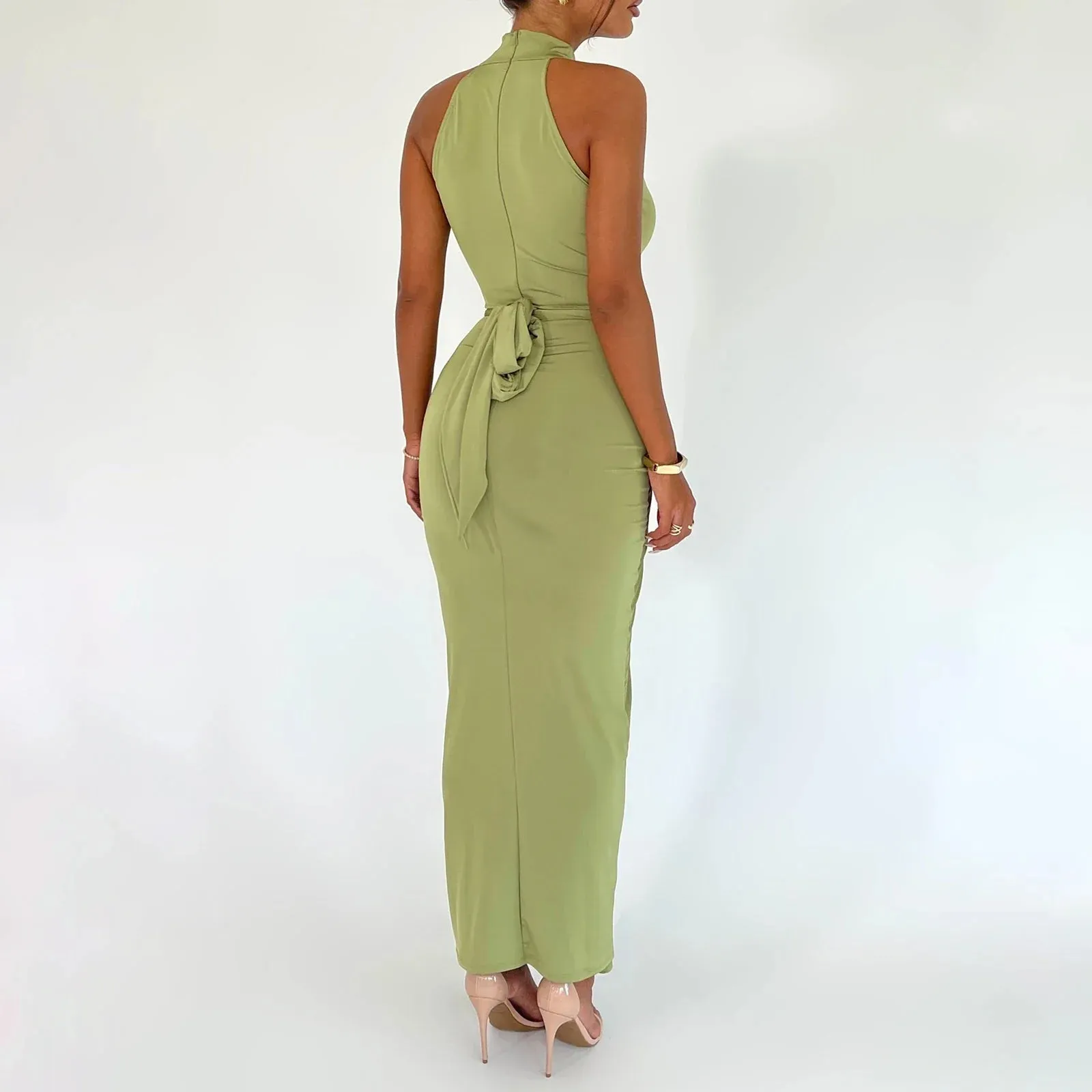 Twist Front Solid Color Mock Neck Sleeveless Bodycon Long Evening Gown Aesthetic Streetwear Summer Y2k Dress