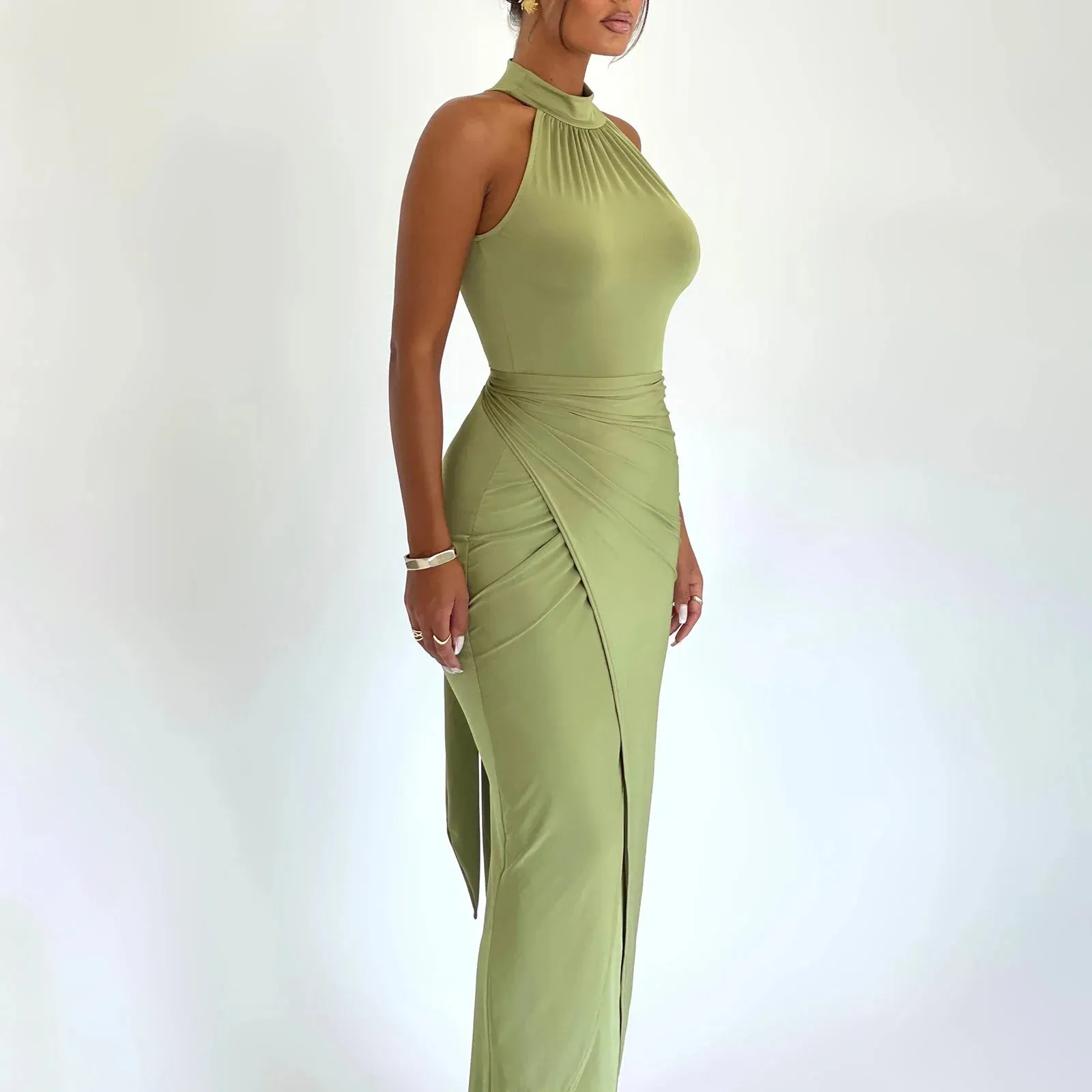 Twist Front Solid Color Mock Neck Sleeveless Bodycon Long Evening Gown Aesthetic Streetwear Summer Y2k Dress
