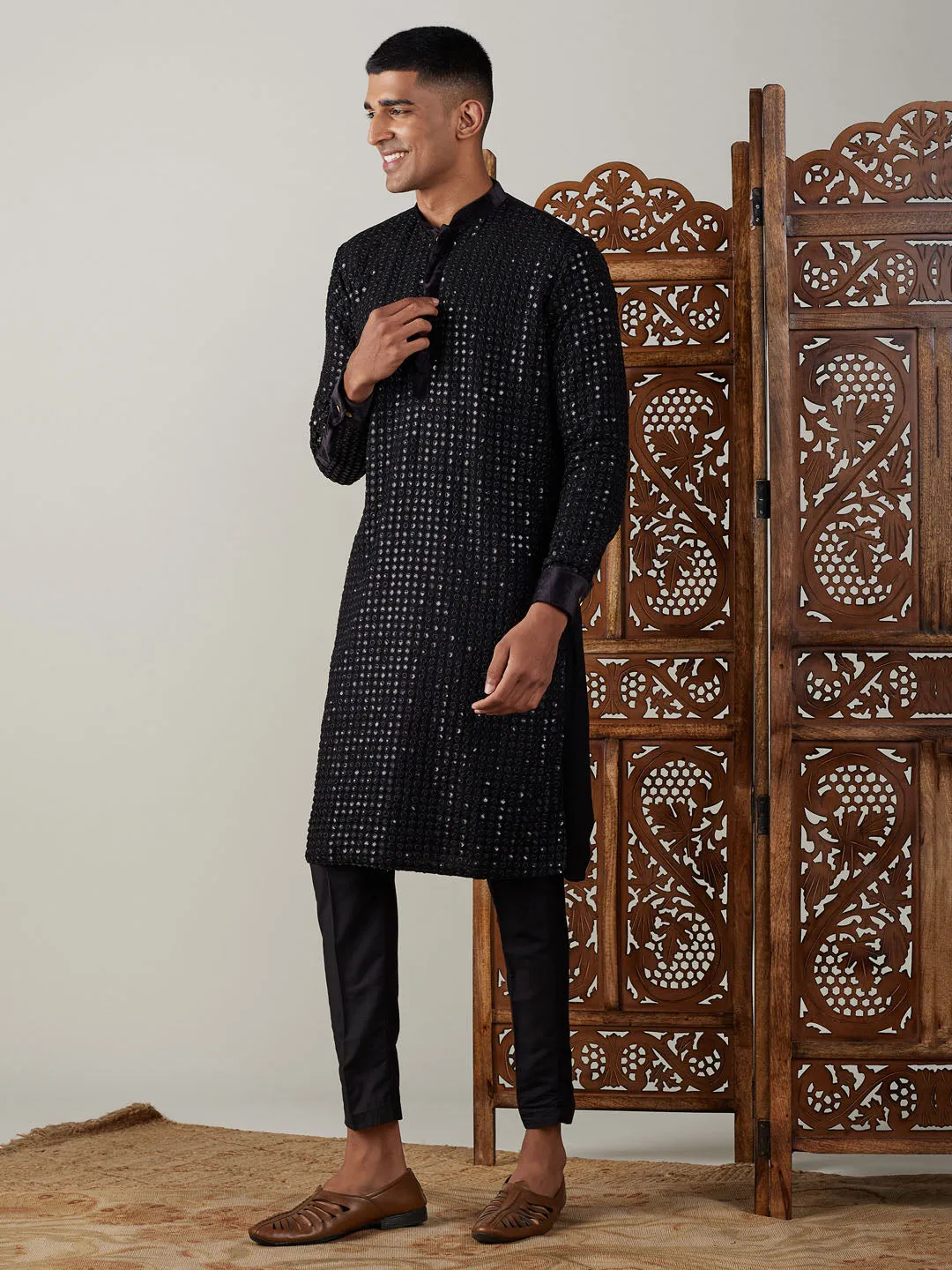 Vastramay Black Georgette Kurta Pant Set