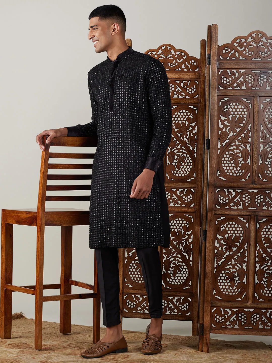 Vastramay Black Georgette Kurta Pant Set