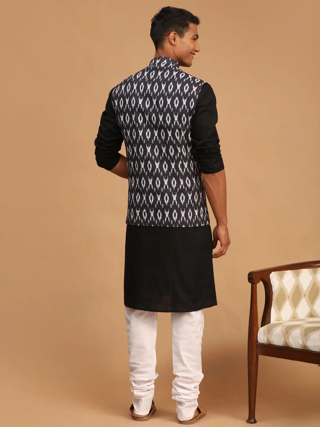 VASTRAMAY Black Ikaat Nehru Jacket Set