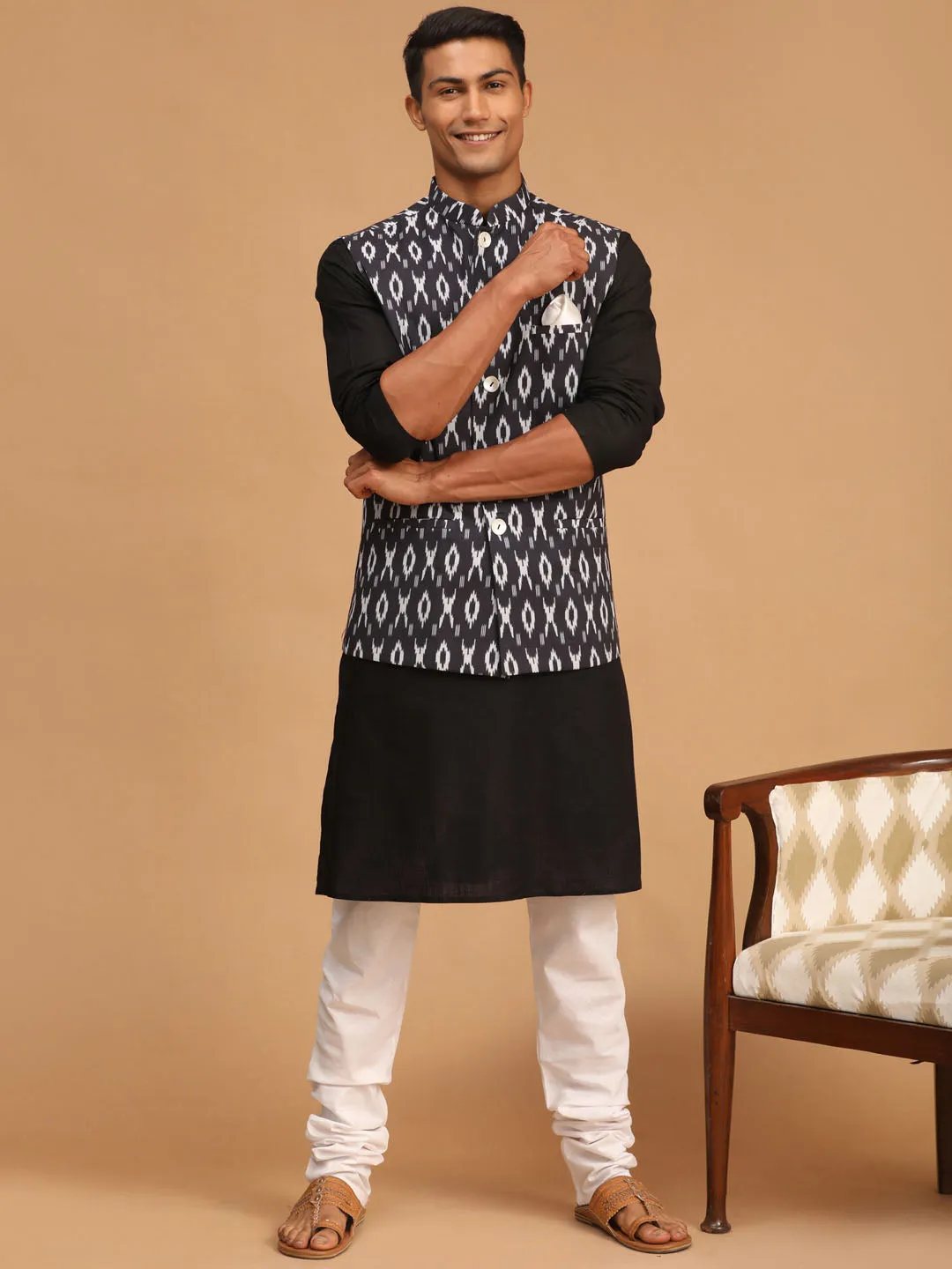 VASTRAMAY Black Ikaat Nehru Jacket Set