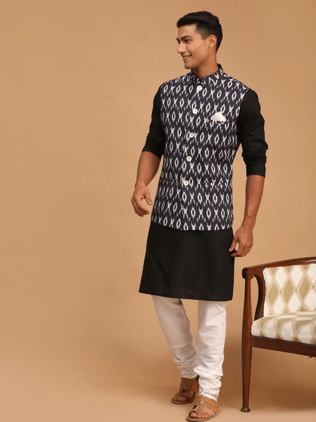 VASTRAMAY Black Ikaat Nehru Jacket Set
