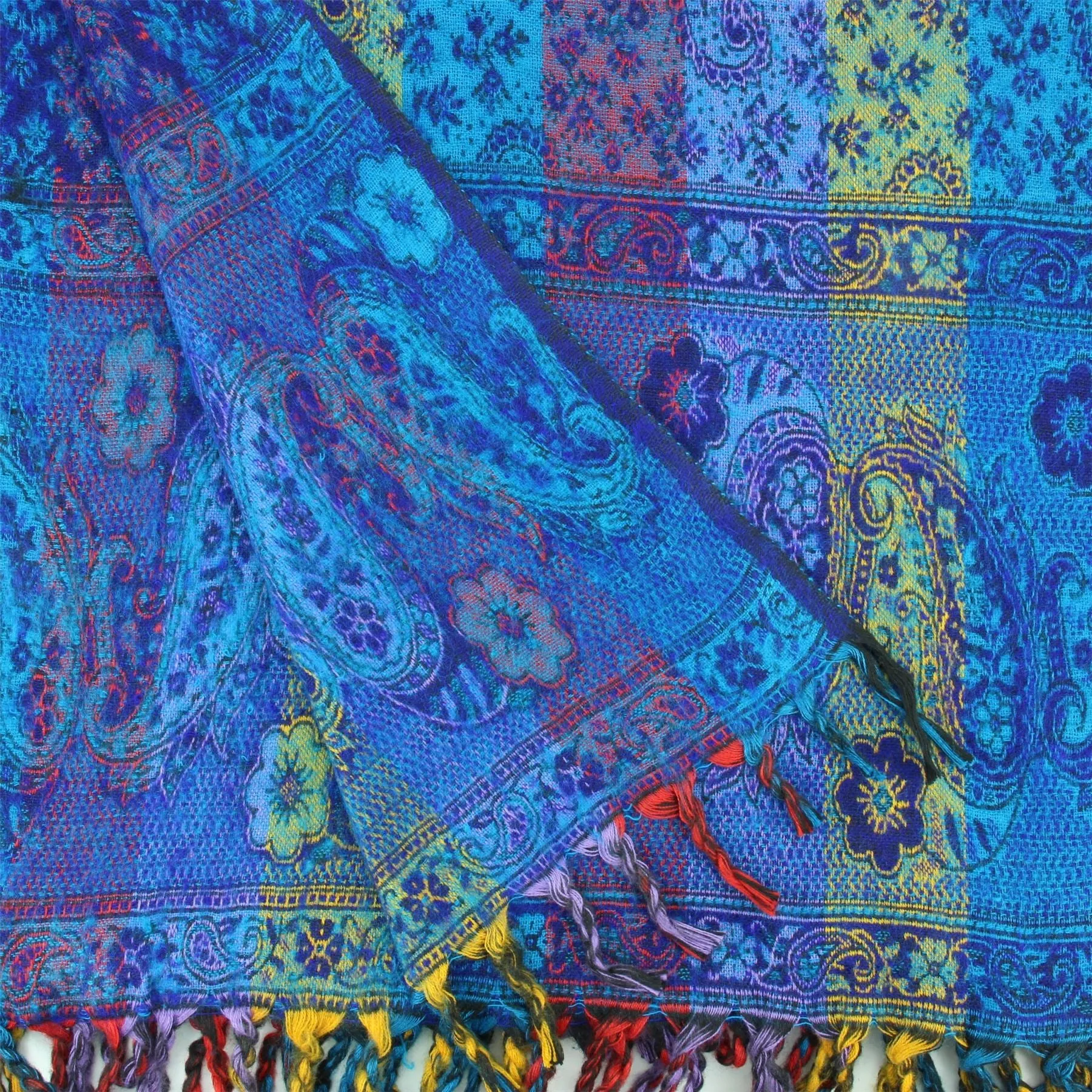 Vegan Wool Shawl Blanket - Paisley Stripe - Blues & Yellow