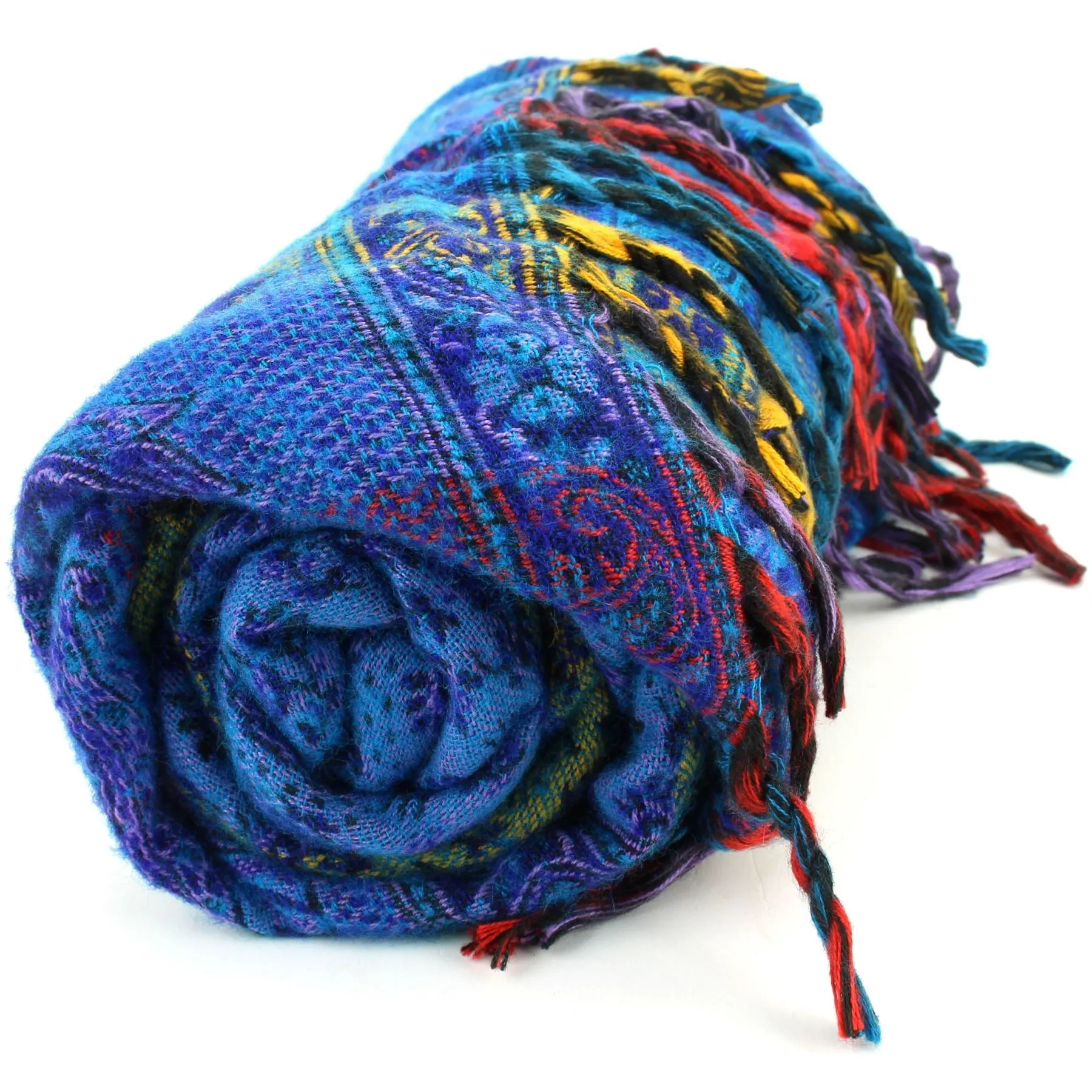 Vegan Wool Shawl Blanket - Paisley Stripe - Blues & Yellow