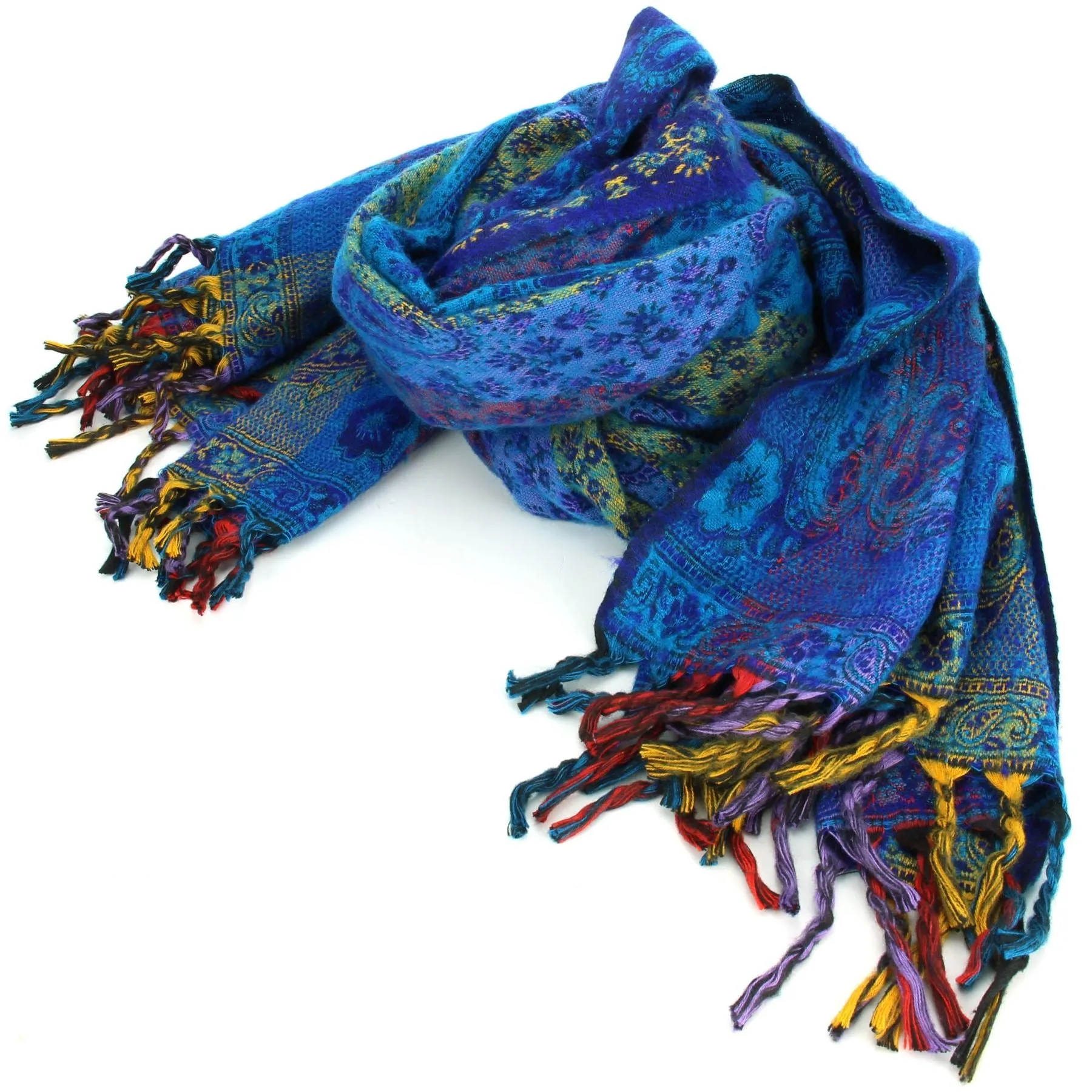 Vegan Wool Shawl Blanket - Paisley Stripe - Blues & Yellow