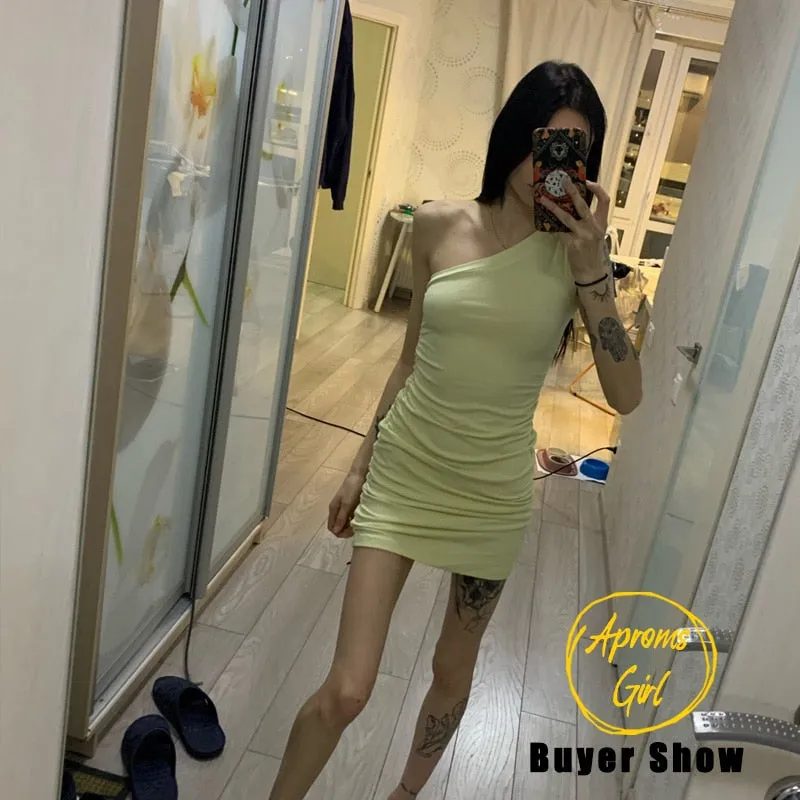 VenusFox Aproms Elegant One Shoulder Cotton Ribbed Knitted Mini Dress Women 2021 Spring Streetwear Short Bodycon Dresses Black Sundress