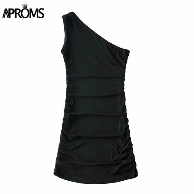 VenusFox Aproms Elegant One Shoulder Cotton Ribbed Knitted Mini Dress Women 2021 Spring Streetwear Short Bodycon Dresses Black Sundress