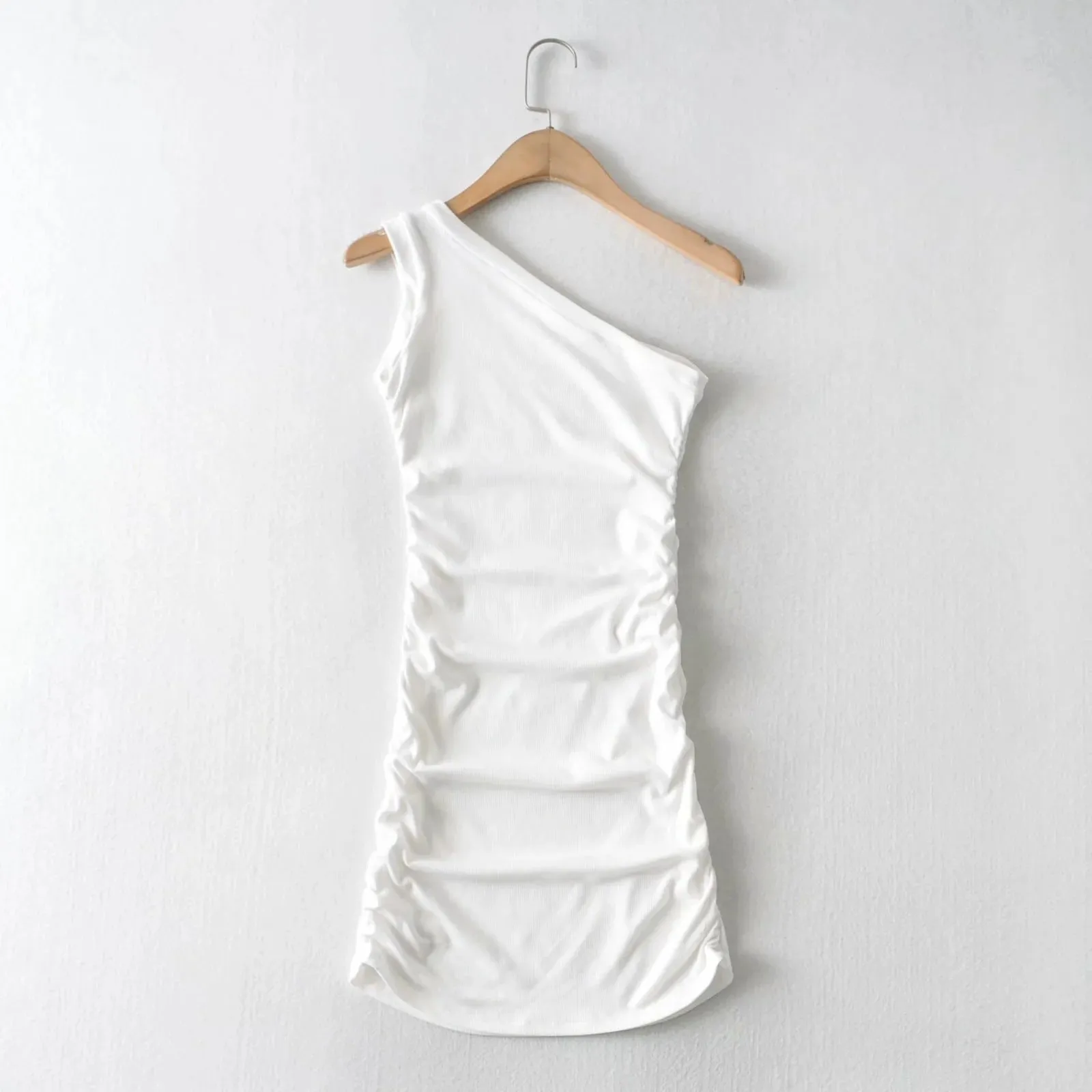 VenusFox Aproms Elegant One Shoulder Cotton Ribbed Knitted Mini Dress Women 2021 Spring Streetwear Short Bodycon Dresses Black Sundress
