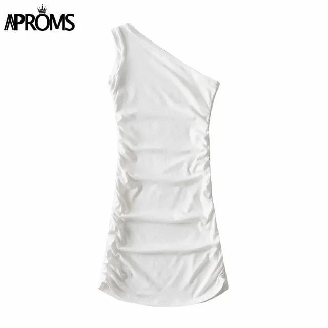 VenusFox Aproms Elegant One Shoulder Cotton Ribbed Knitted Mini Dress Women 2021 Spring Streetwear Short Bodycon Dresses Black Sundress