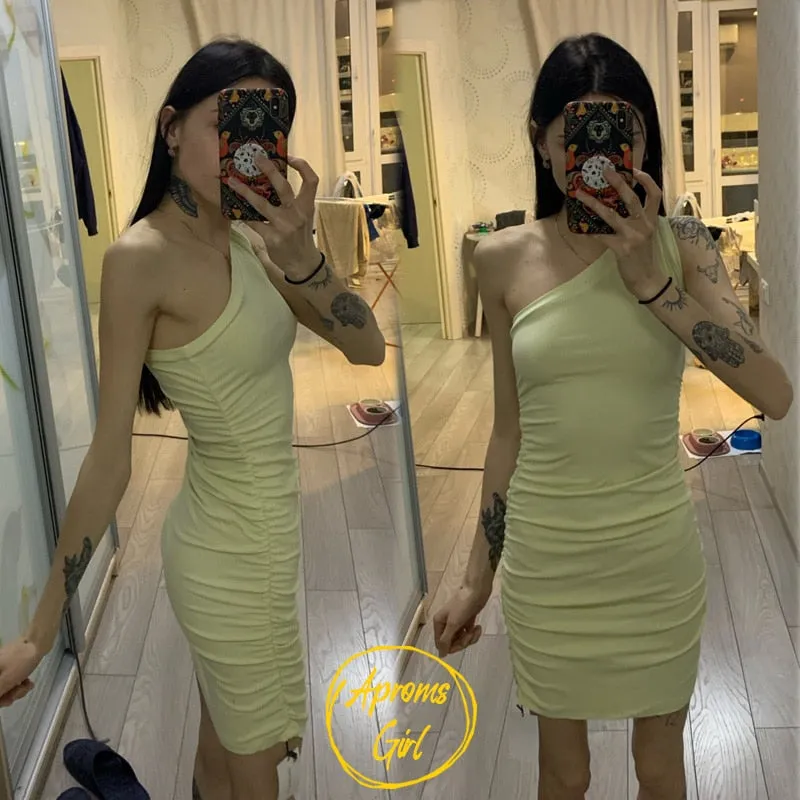 VenusFox Aproms Elegant One Shoulder Cotton Ribbed Knitted Mini Dress Women 2021 Spring Streetwear Short Bodycon Dresses Black Sundress