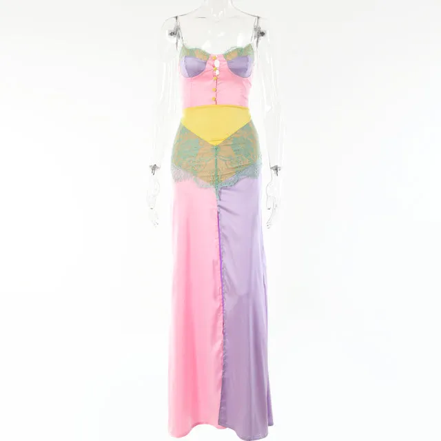 Wjczt Chains Strap Sexy Satin Dress Women Short Lace Patchwork Bodycon Mini Party Dress Vestidos Y2K Nightclub Streetwear