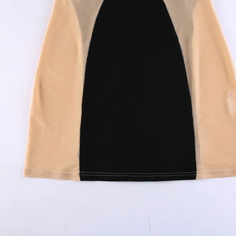 Wjczt Sexy Mesh Transparent Dress Women Bodycon Mini Dresses Ladies Patchwork Black White Vestiods See Through Streetwear