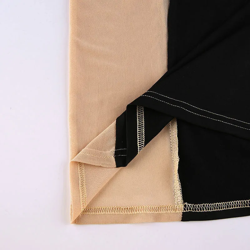 Wjczt Sexy Mesh Transparent Dress Women Bodycon Mini Dresses Ladies Patchwork Black White Vestiods See Through Streetwear