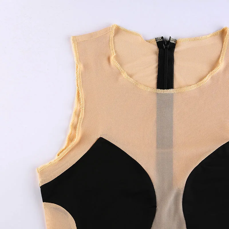 Wjczt Sexy Mesh Transparent Dress Women Bodycon Mini Dresses Ladies Patchwork Black White Vestiods See Through Streetwear