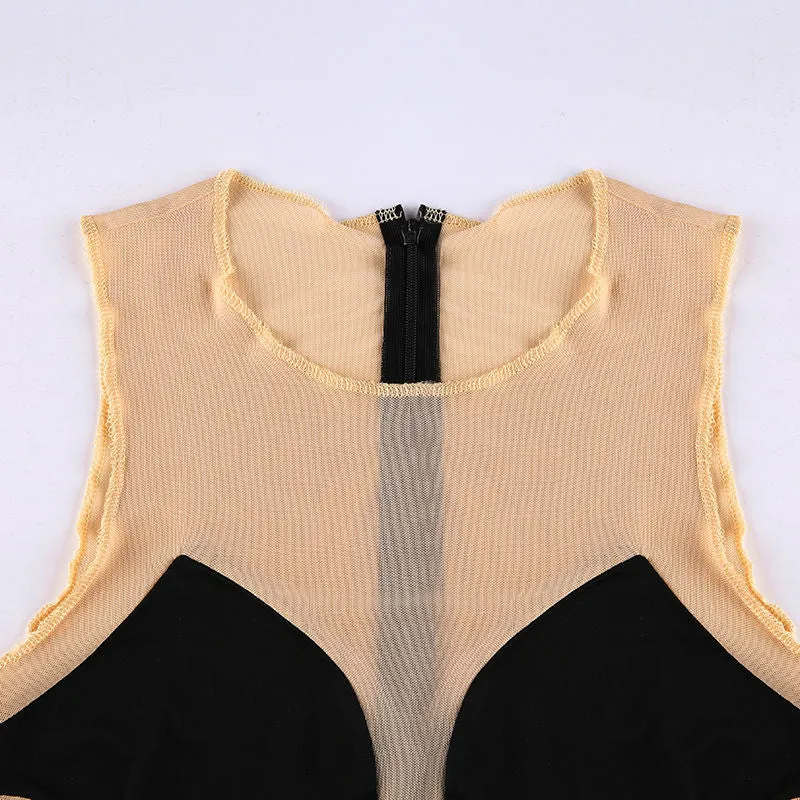 Wjczt Sexy Mesh Transparent Dress Women Bodycon Mini Dresses Ladies Patchwork Black White Vestiods See Through Streetwear